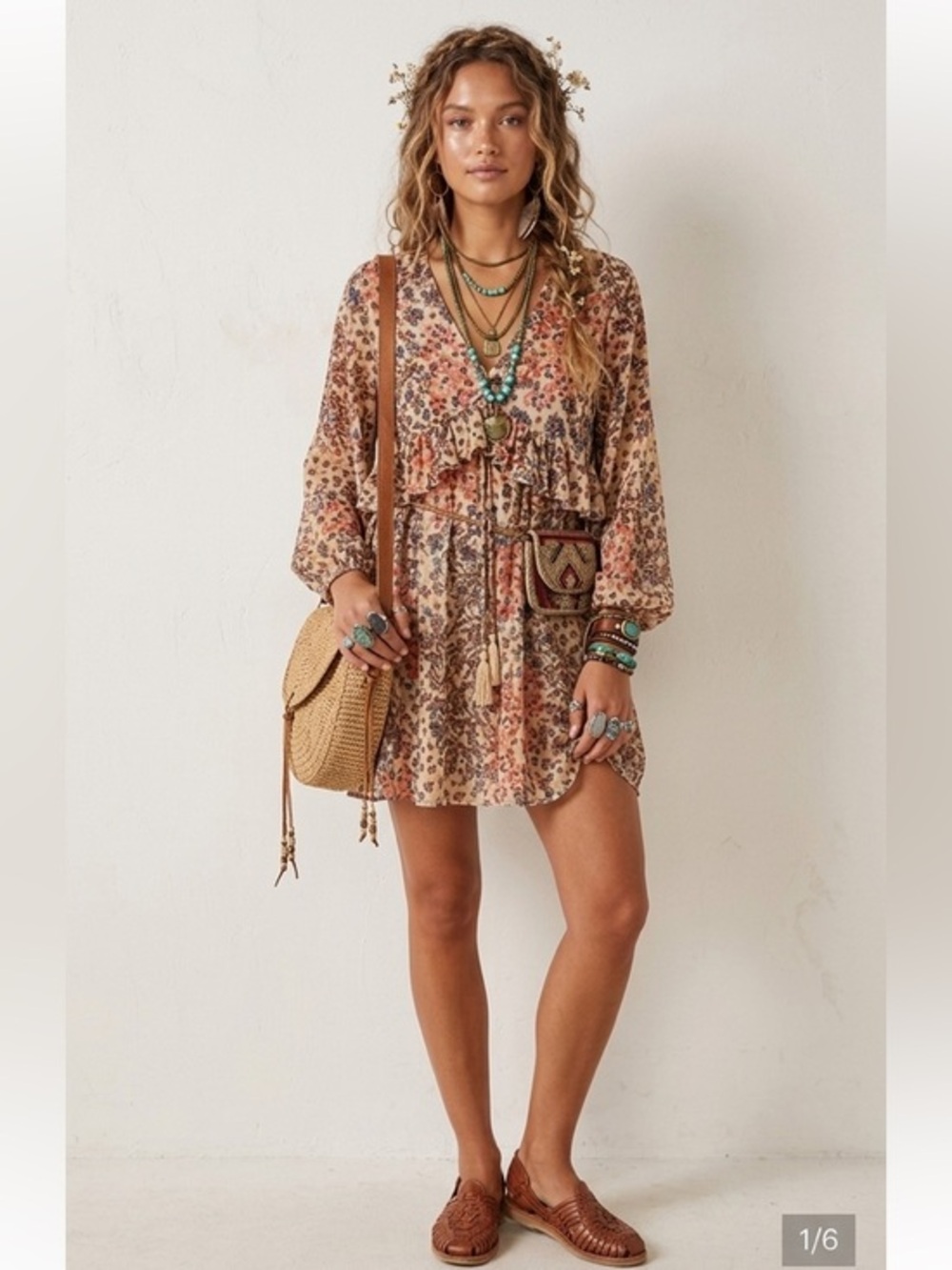 Emma & Michele Floral Boho Long Sleeve Dress in Beige and Rust, Size Small